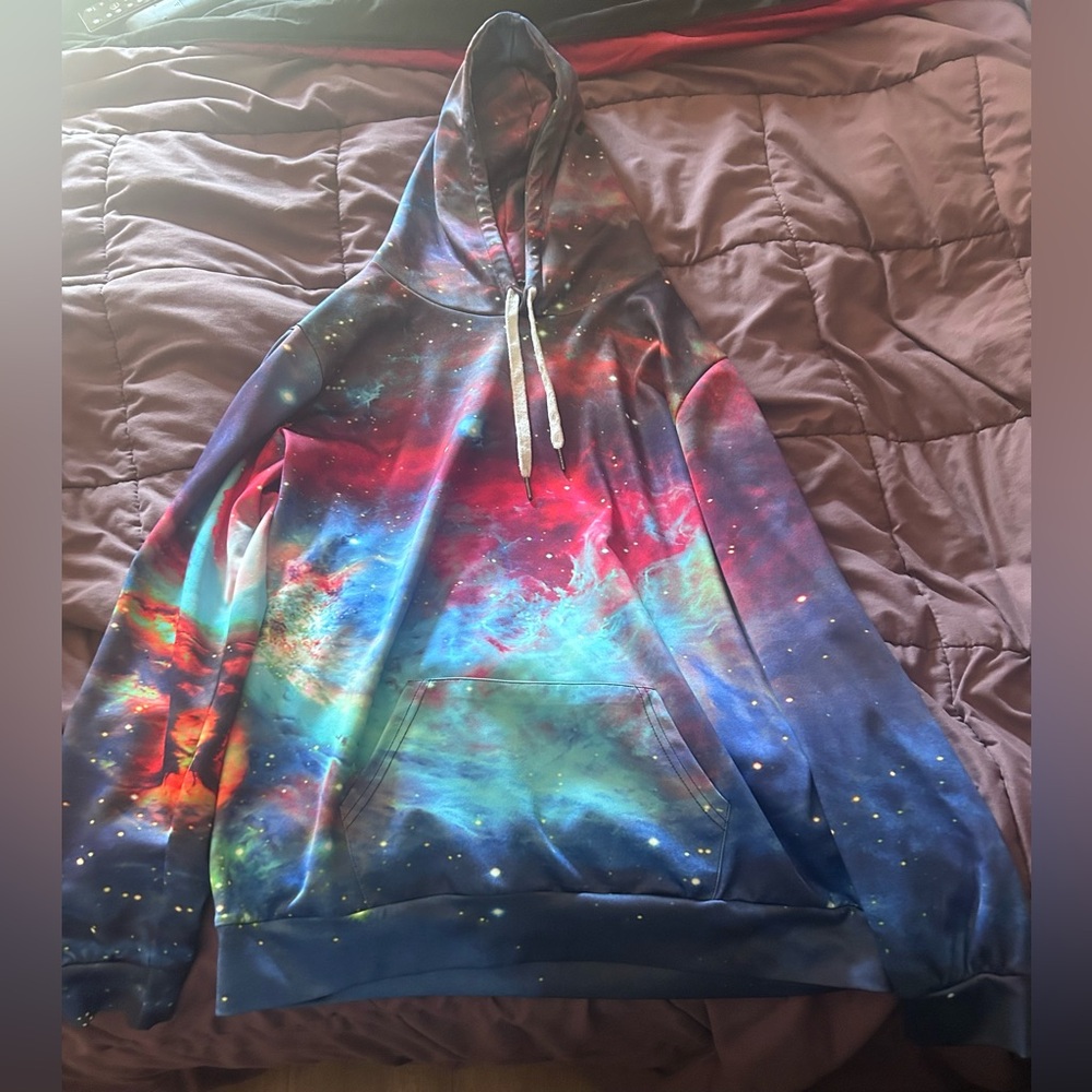 Galaxy Space Starry Print Hoodie has Kangaroo Pocket Hood adjusts Smooth Stretch